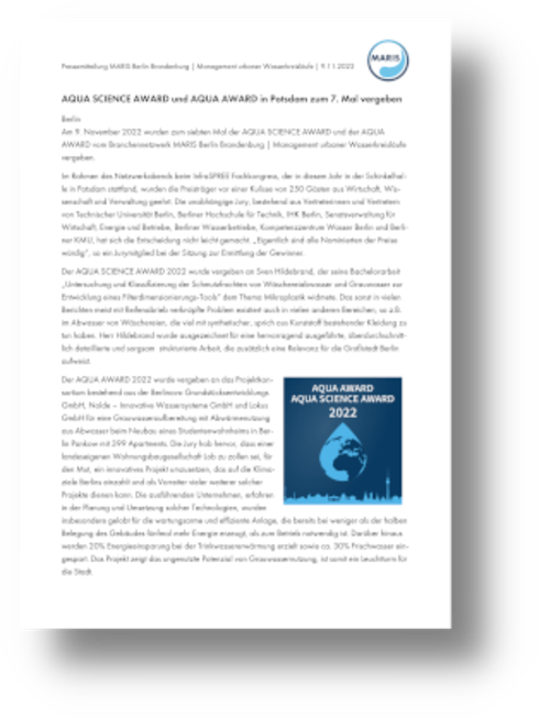 Faksimile der Pressemeldung zur Preisvergabe von AQUA AWARD und AQUA SCIENCE AWARD 2022